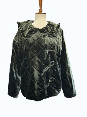 Maeve Velvet Quilted Tie-Front Jacket in Dark Green #317